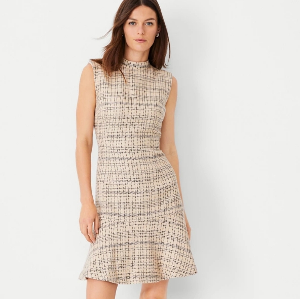 Ann Taylor Tweed Mock Neck Flounce Dress Toasted Oat